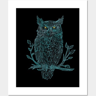 Great Horned Owl drawing in blue Posters and Art